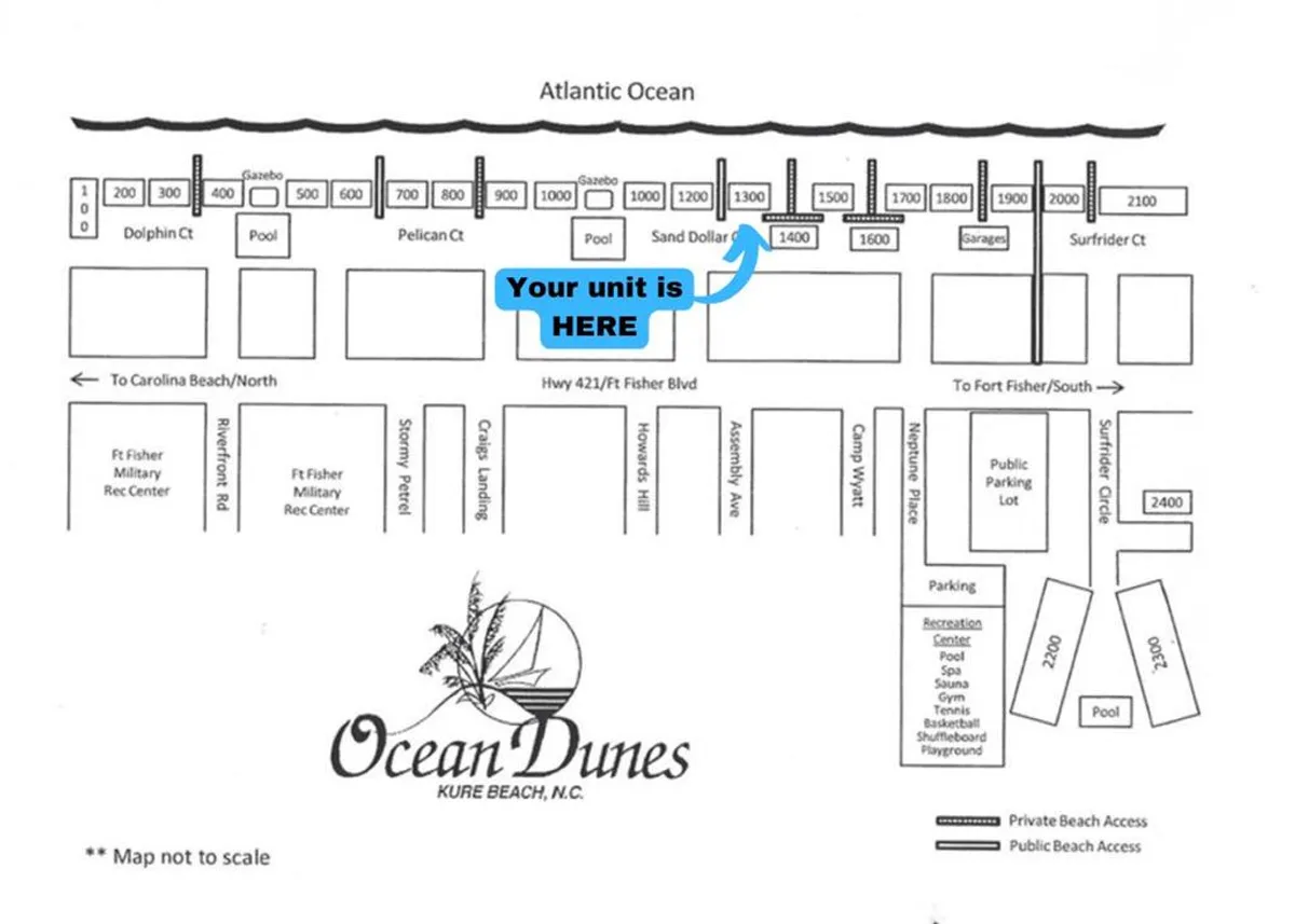 A property map clearly displays the layout of Ocean Dunes, with the unit location and proximity to beach access and pools marked. This visual reinforces ease of exploration and access to nearby recreational activities.